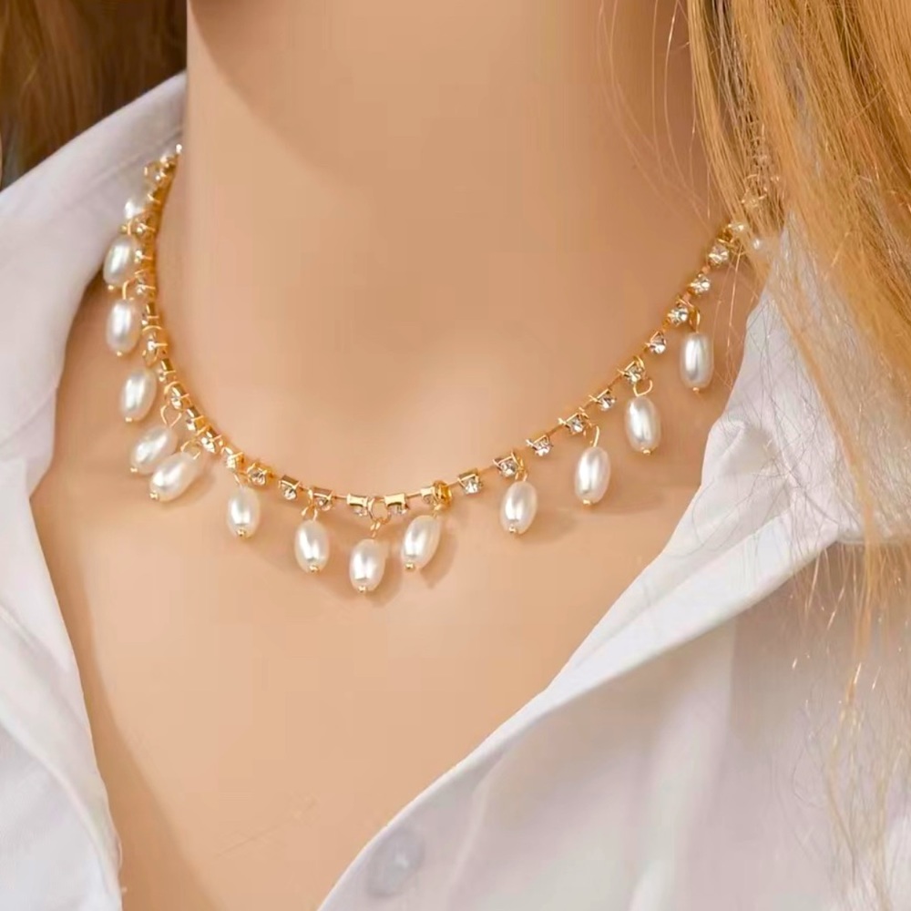 💛 New Elegant Pearl Gold 18k plated Diamond Necklace